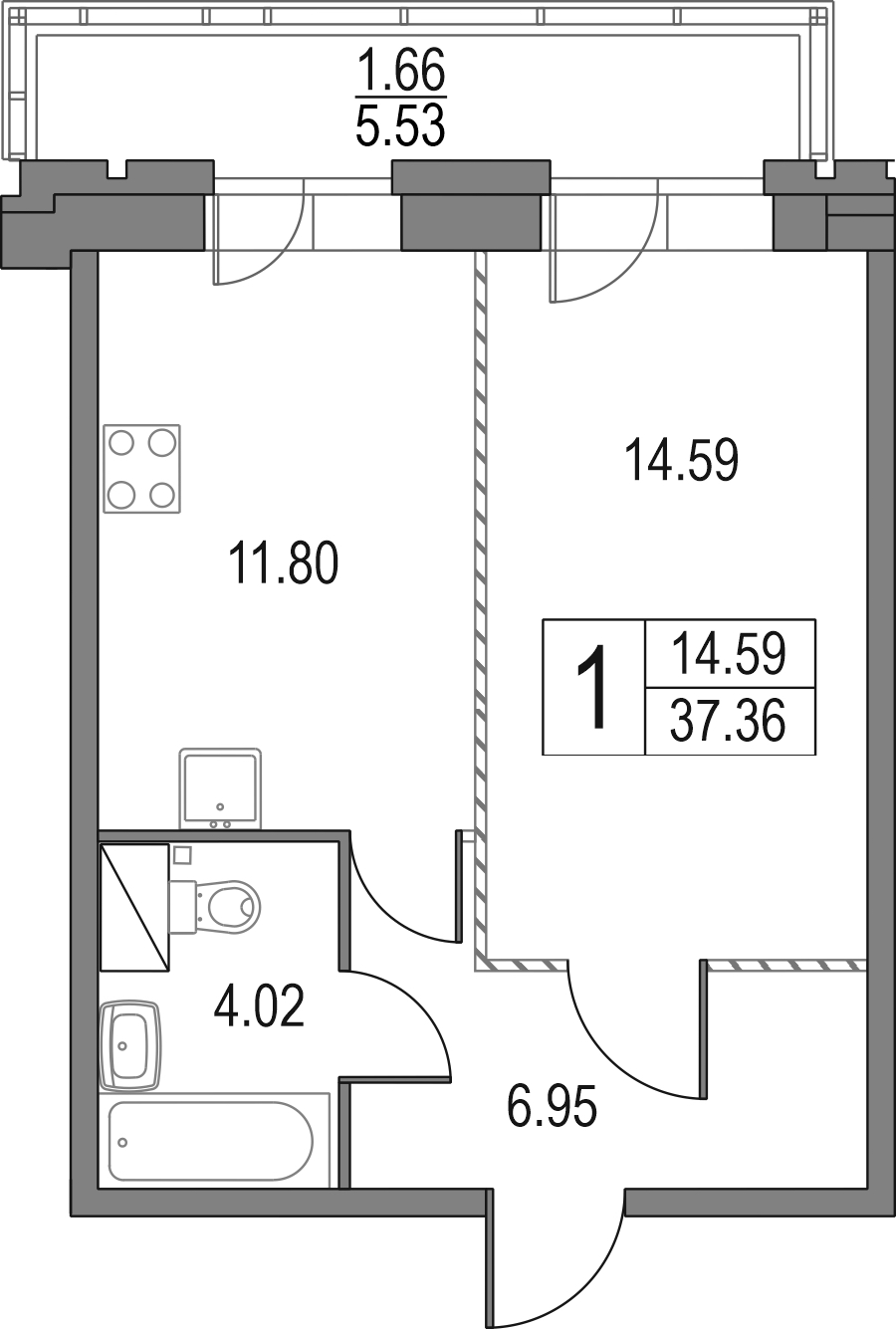 1-комнатная квартира 37.36 м², 2/23 эт., ЖК «Приморский квартал»